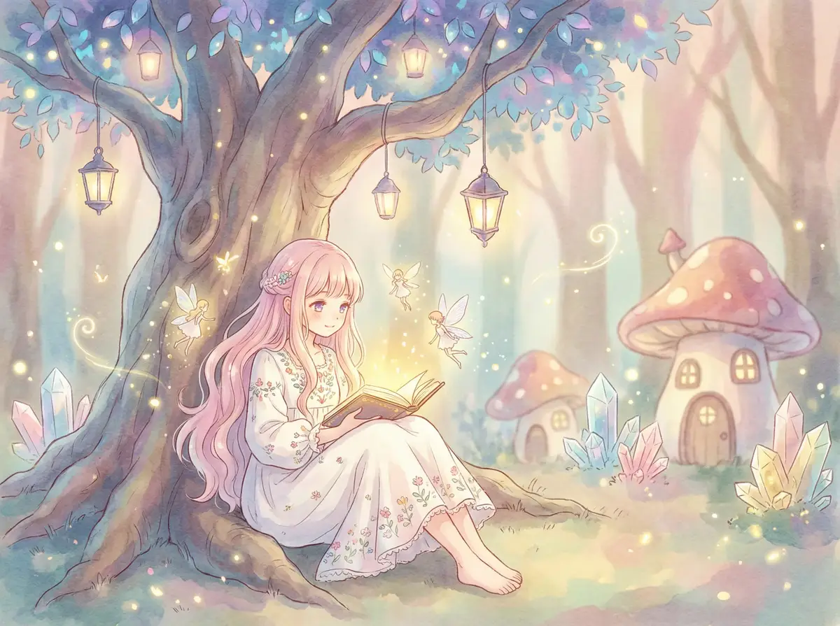 免费进入B站 - 魔法森林中阅读故事书的粉发少女与精灵